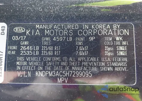 2017 Kia Sportage Lx z USA, uszkodzony, nr VIN KNDPM3AC5H7299095